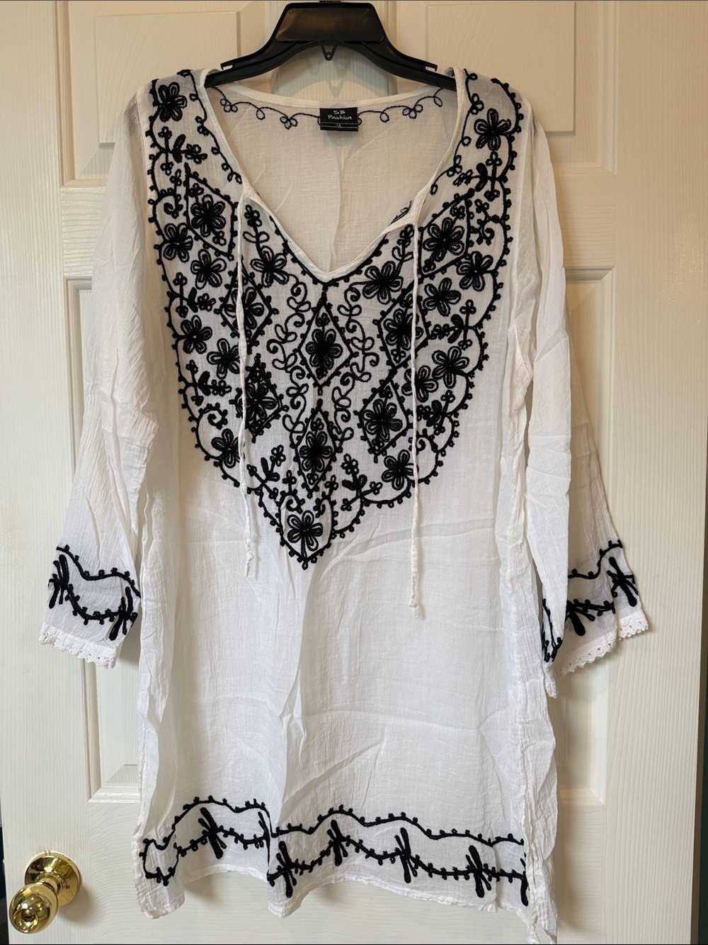 Sheer White Tunic with Black Embroidery